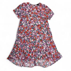 Ann Taylor Short Sleeve Drop Waist Dress Pink Purple Floral Print Women Petite M